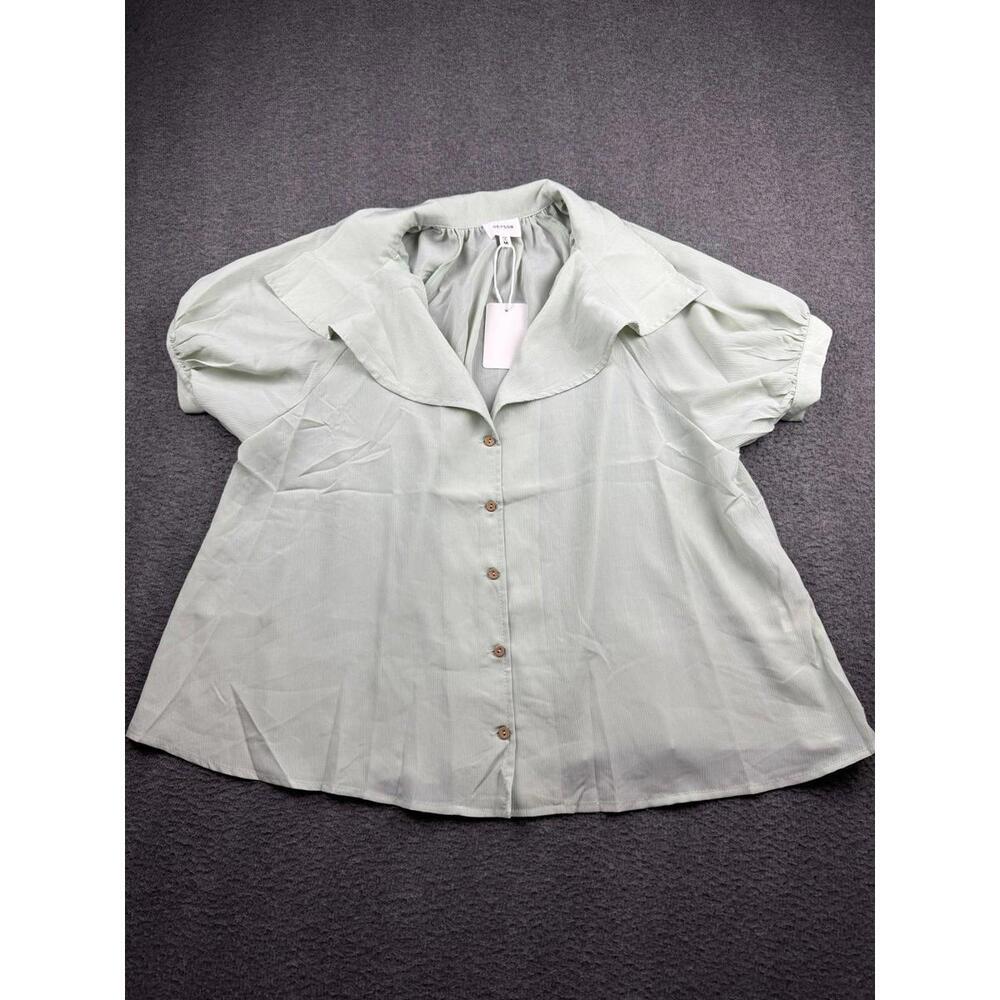 Heyton Women's‎ M Mint Green Short Sleeve Button Down Blouse Oversized Collar